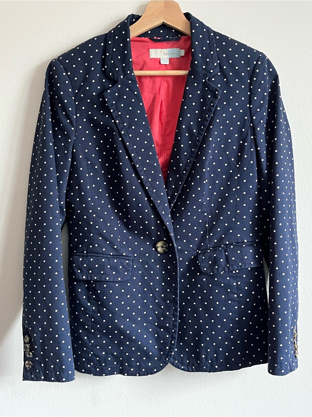 Boden Navy Polka Dot Blazer with Pink Lining size 6 Regular